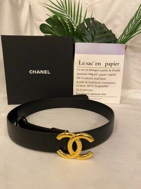 CHANEL Black Belt with Gold Emblem